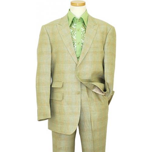Inserch 100% Linen Mint Green With Cognac Windowpanes Suit 46331